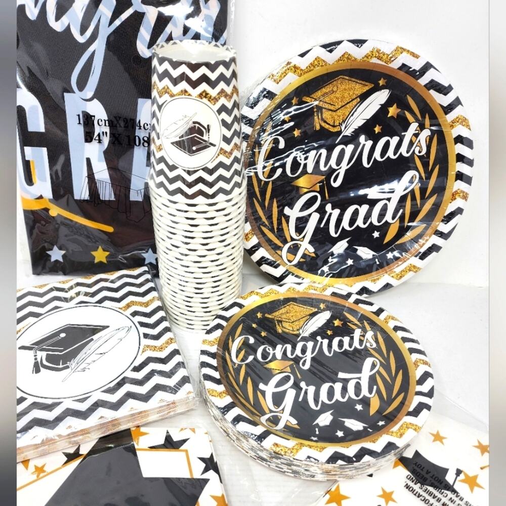 Grad Party Black & Gold Graduation Party Plates Cups‎ Napkins Tablecloth Hangers